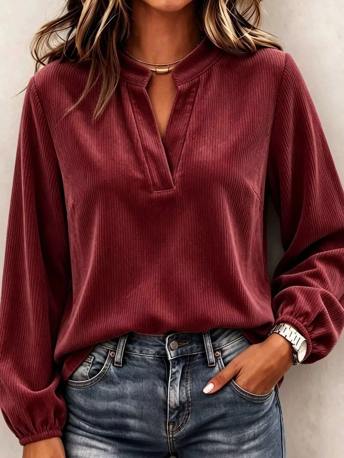 Full Size Corduroy Notched Long Sleeve Top Plus Size