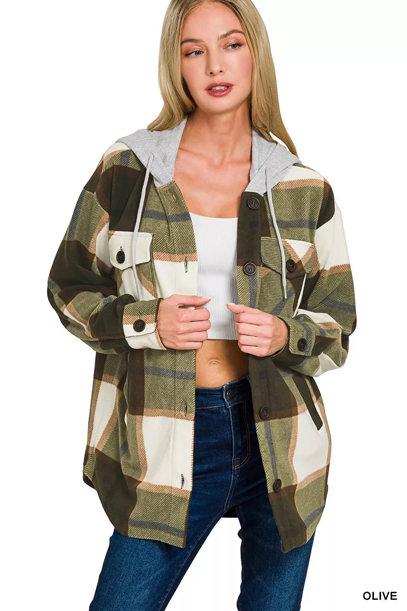 Zenana Plaid Drawstring Hooded Fleece Shacket in Olive, view 2