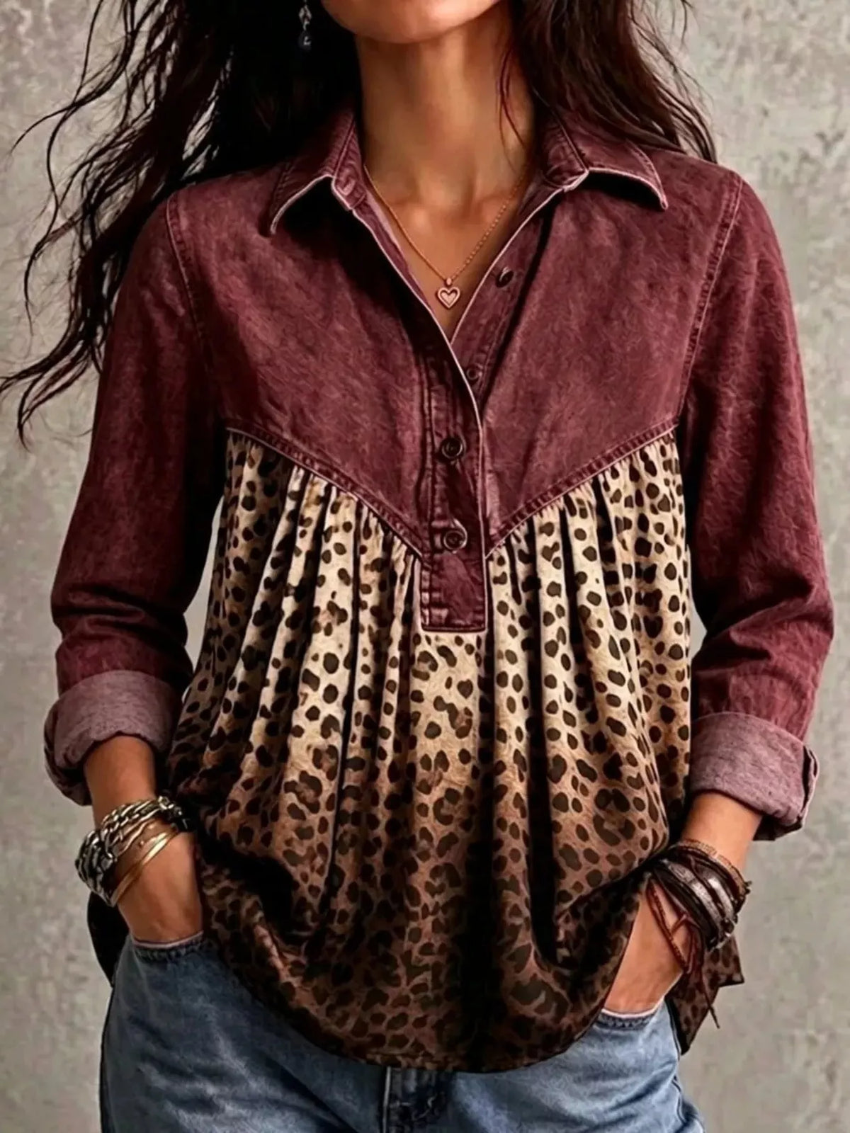 Full Size Leopard Button Detail Blouse Plus Size - Lilixa.store