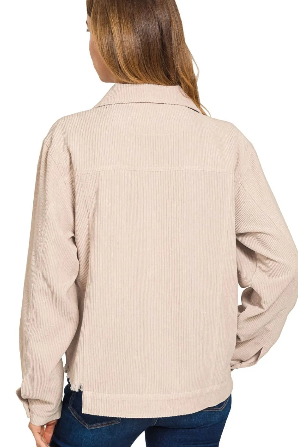 Zenana Distressed Corduroy Frayed Hem Cropped Jacket in Sand Beige, view 3