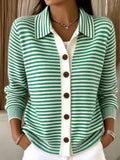 Full Size Striped Button-Down Knit Cardigan Plus Size - Lilixa.store