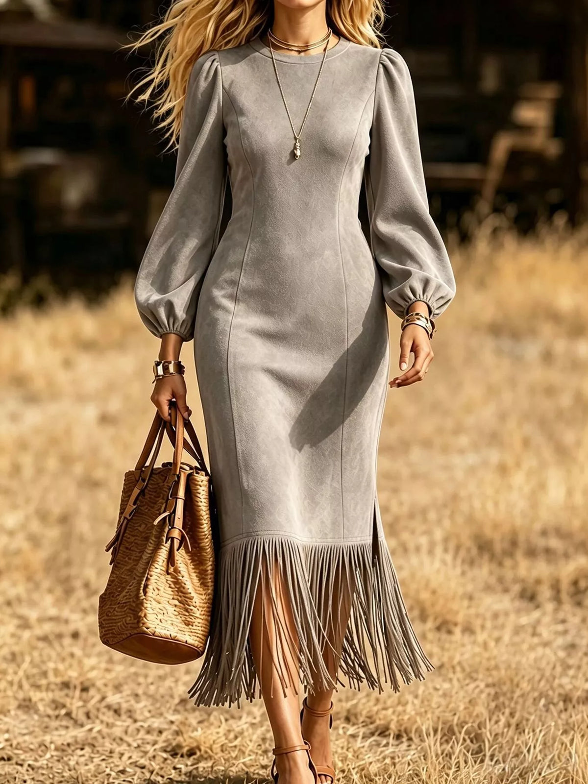 Fringe Balloon Sleeve Midi Dress