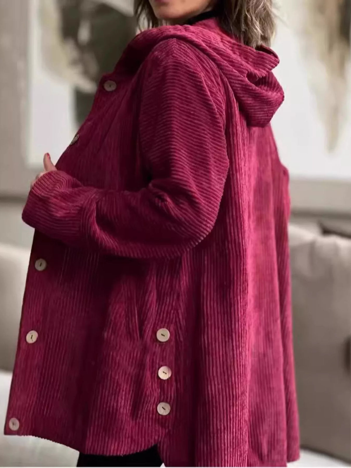 Full Size Corduroy Button Up Hooded Jacket Plus Size, view 8