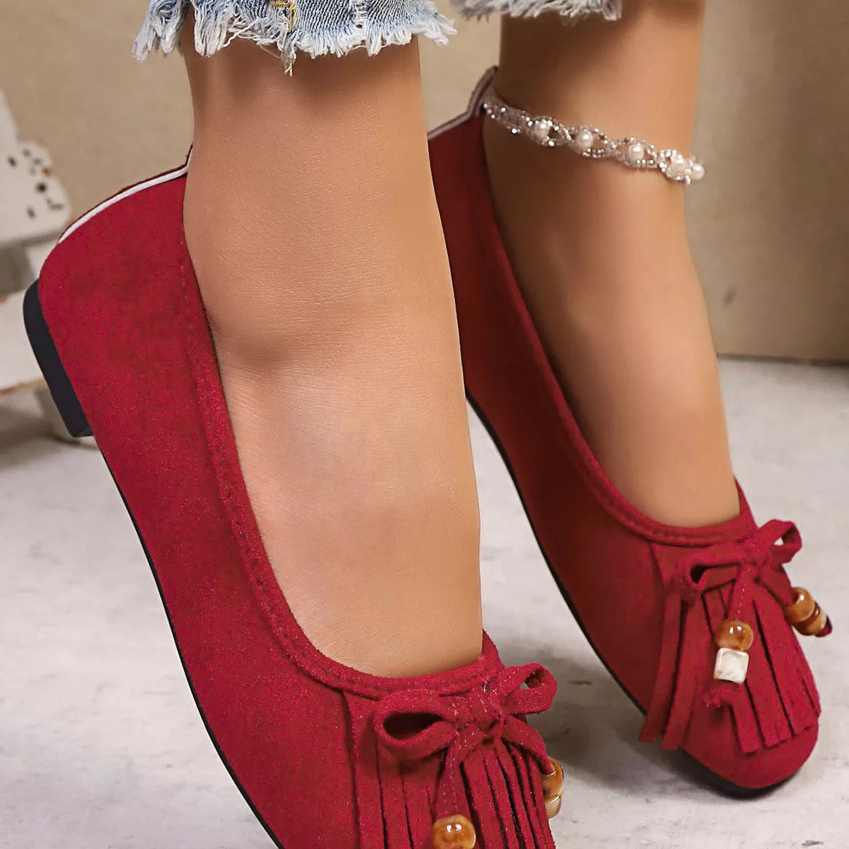 Suede Fringe Slip-Ons, view 8