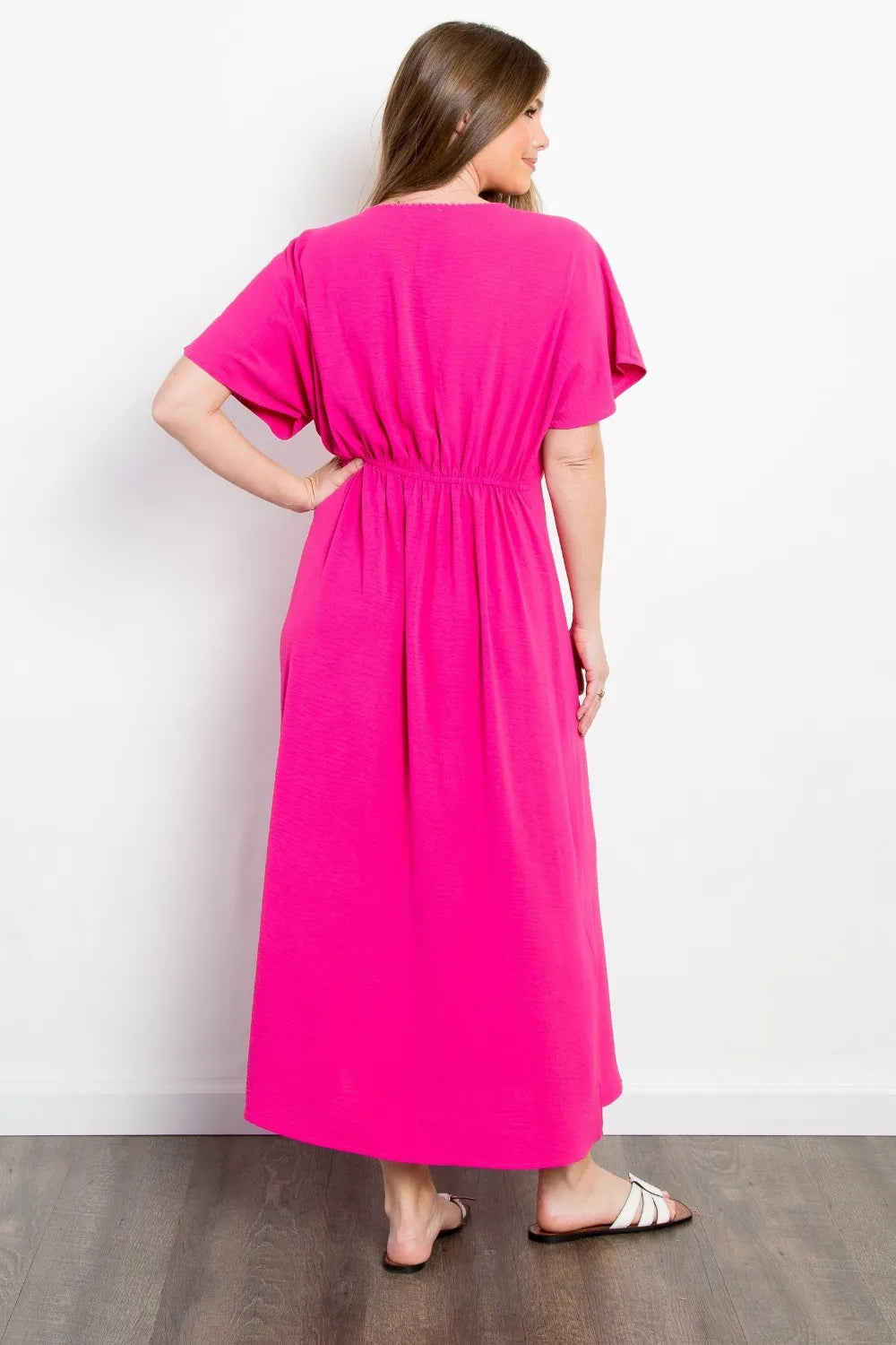 Be Stage Full Size Shirred Front Short Sleeve Maxi Dress - Lilixa.store