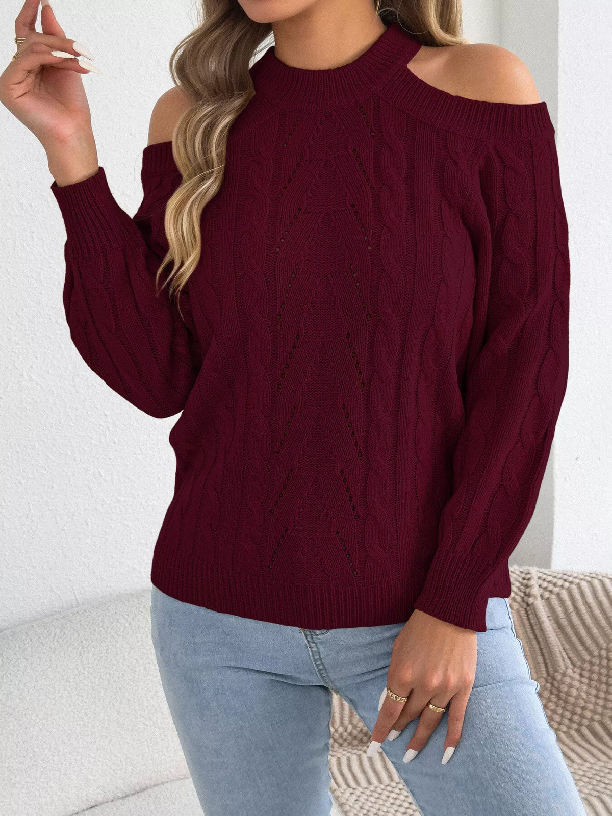Cold Shoulder Cable Knit Sweater