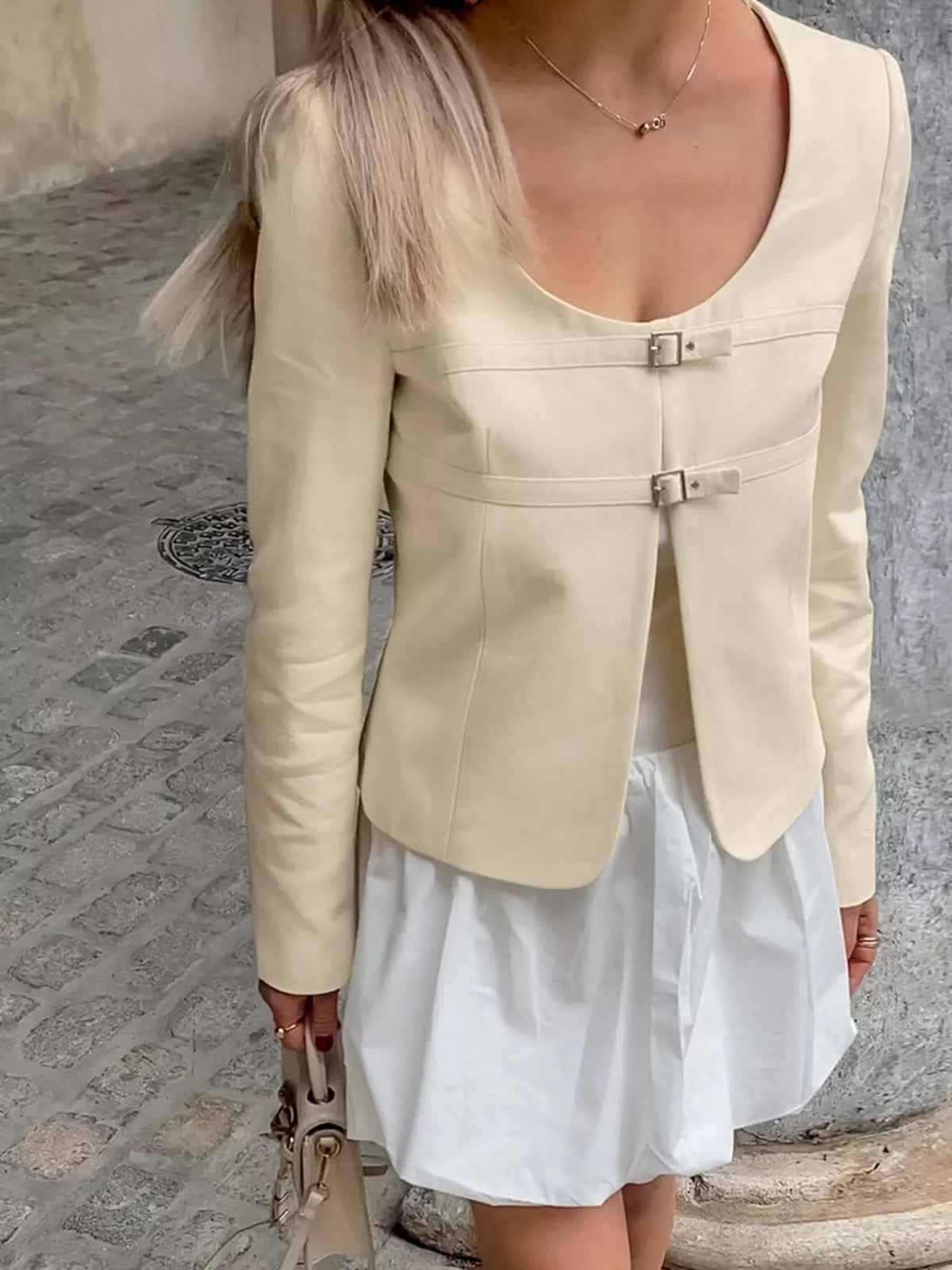 Buckle-Front Cropped Jacket - Lilixa.store