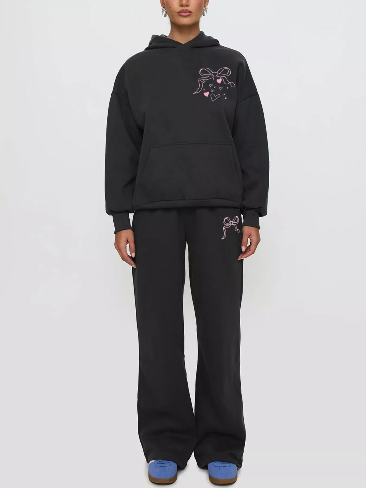 Bow and Heart Dropped Shoulder Hoodie and Pants Set - Lilixa.store