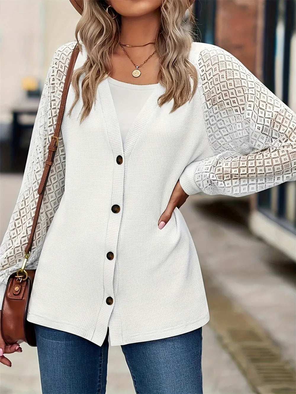 Button Up V-Neck Long Sleeve Outerwear in White, view 5