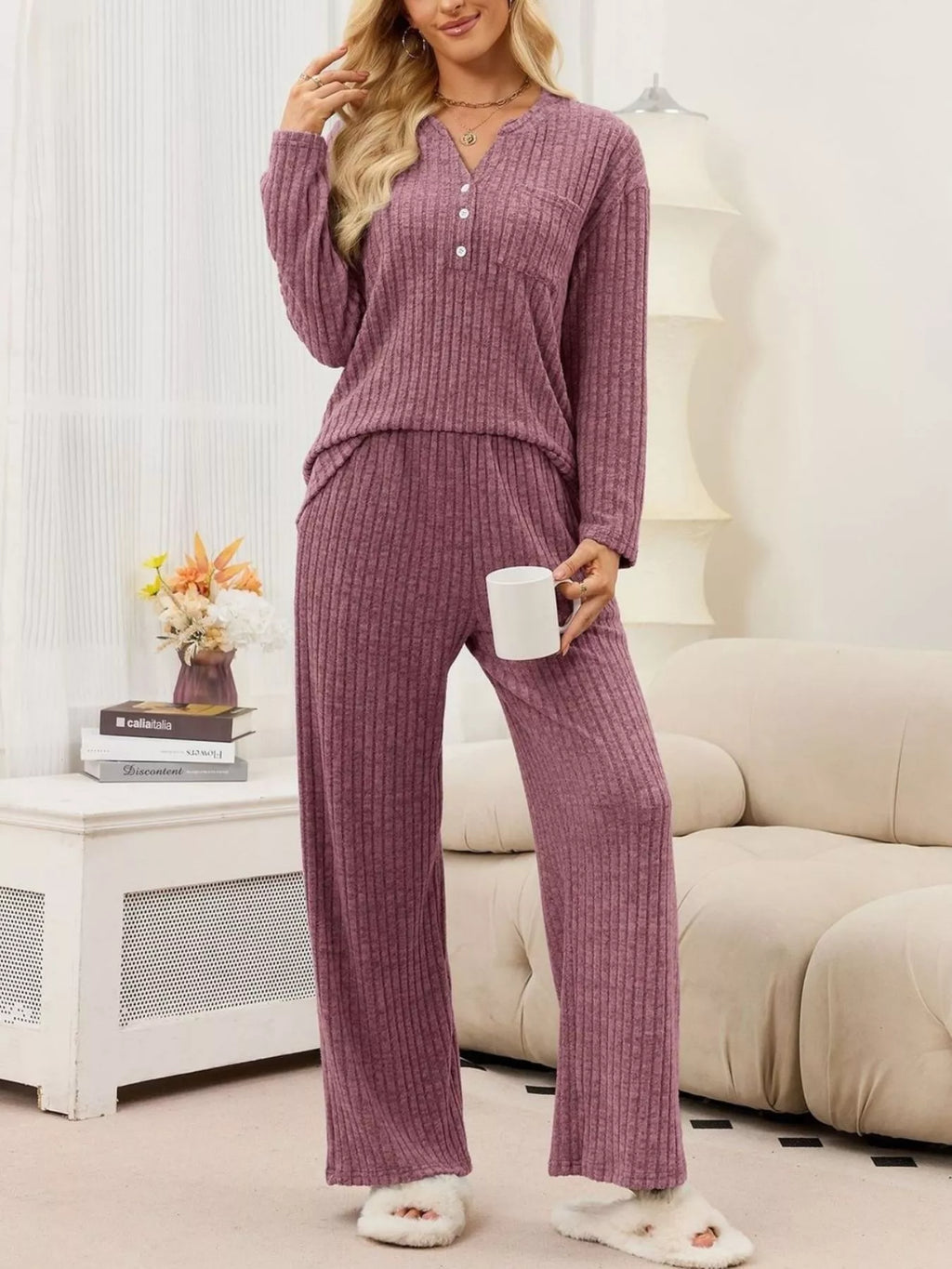 Ribbed Knit Top and Wide-Leg Pants Set - Lilixa.store