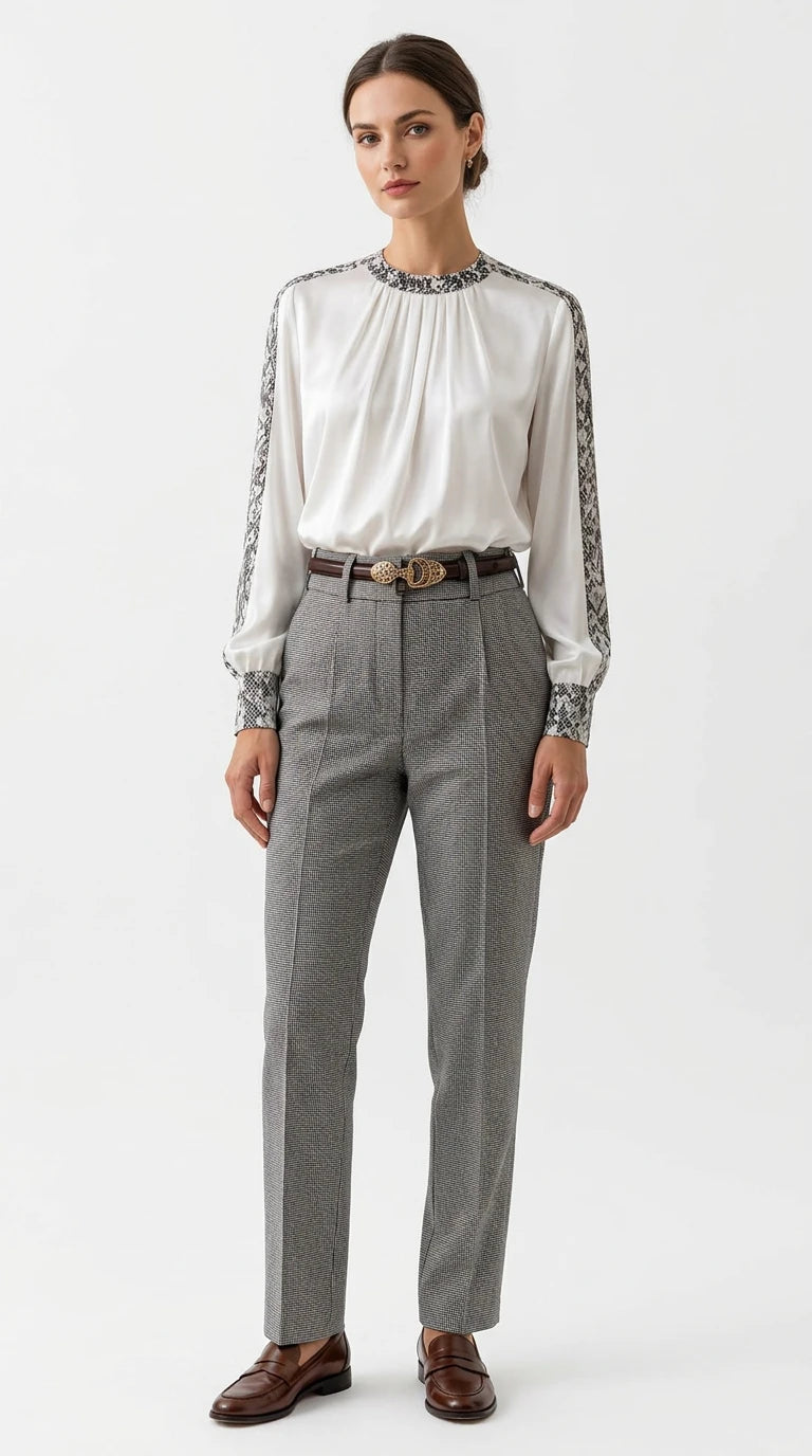 Snake Print Contrast Trim Satin Blouse in White