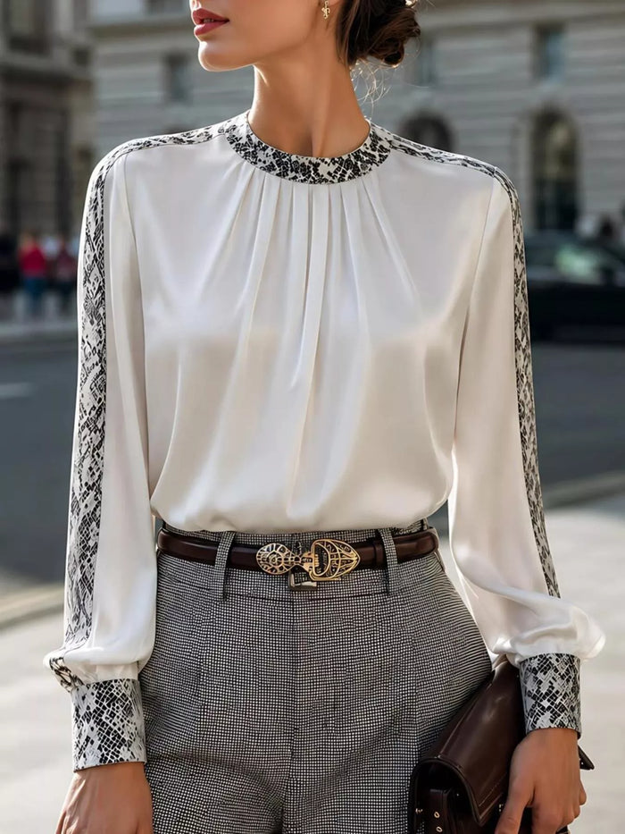 Snake Print Contrast Trim Satin Blouse in White