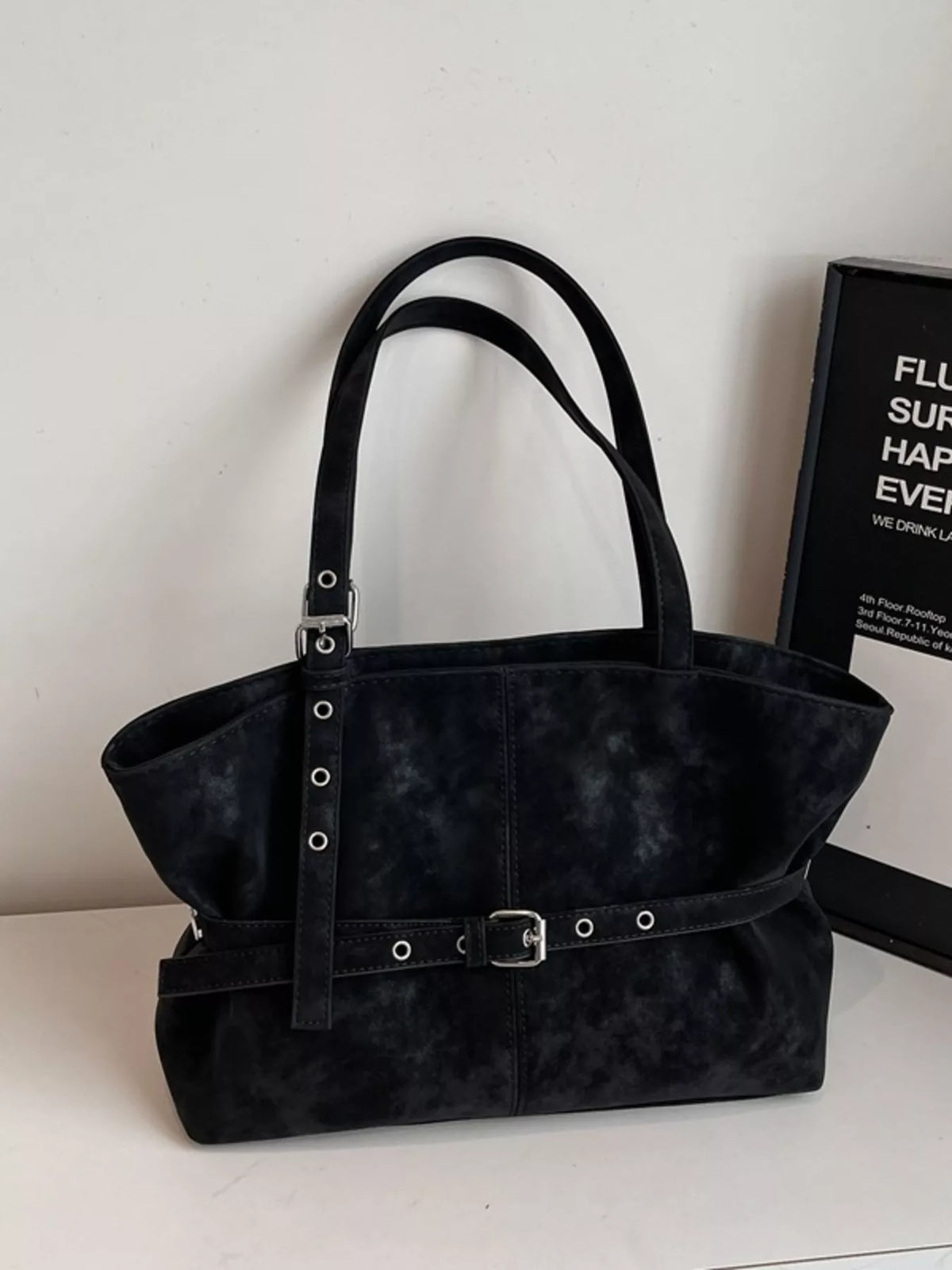 Washed Suede Buckle Detail Tote Bag