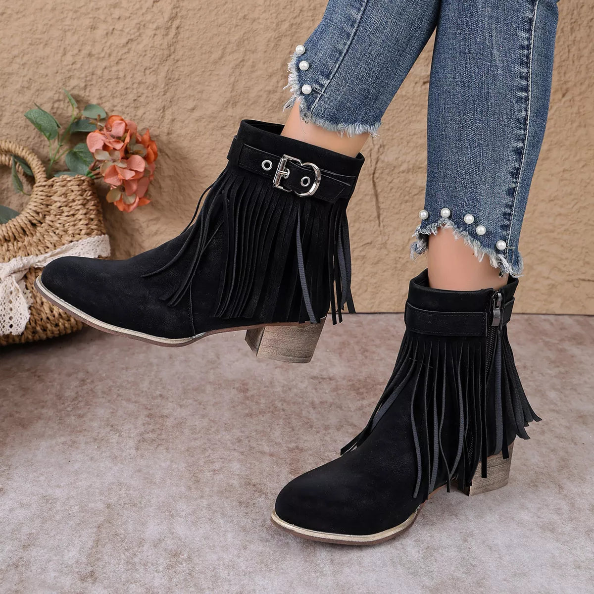 Fringe Ankle Boots with Buckle Detail