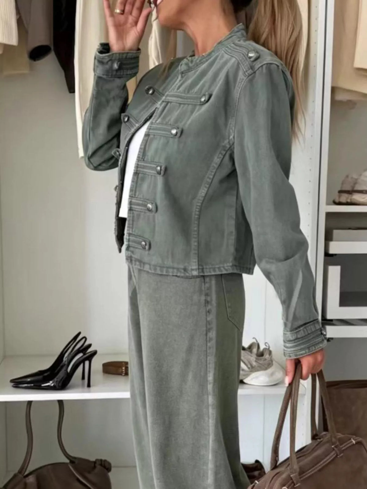 Decorative Button Cropped Denim Jacket - Lilixa.store