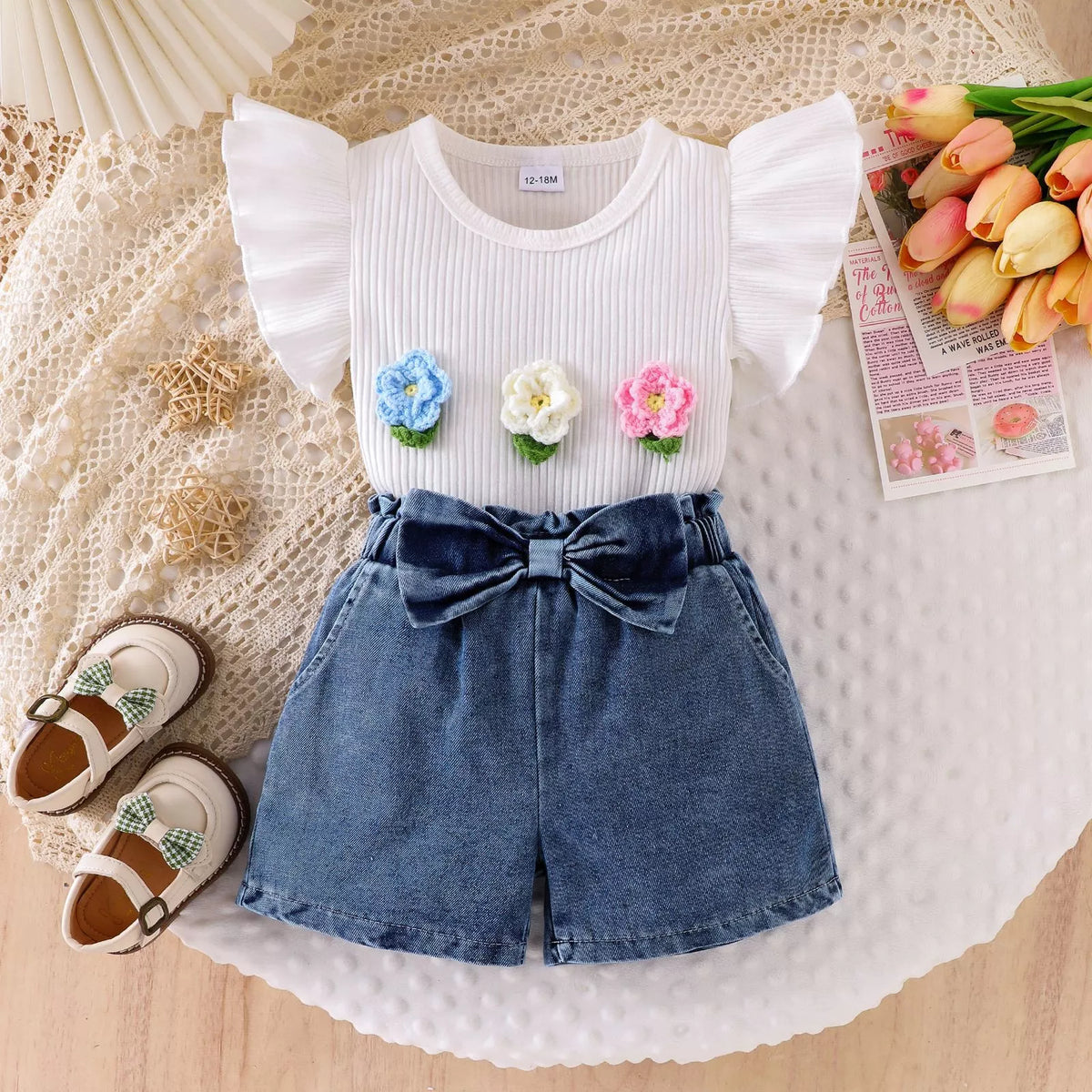 Children's Ruffled Flower Top and Denim Shorts Set - Lilixa.store
