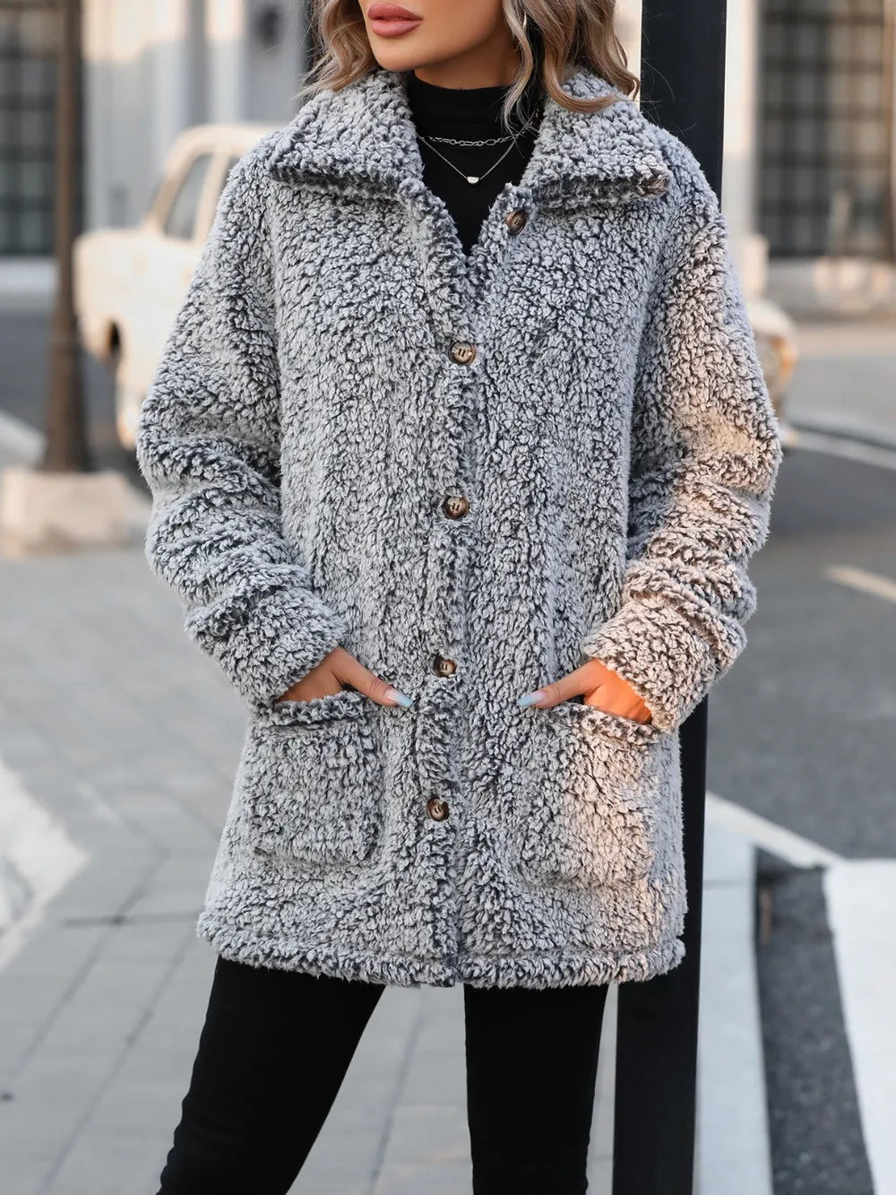 Pocketed Collared Neck Long Sleeve Plush Jacket - Lilixa.store