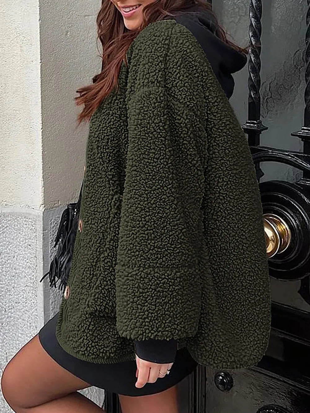 Contrast Button Up Sherpa Jacket with Pockets, view 4