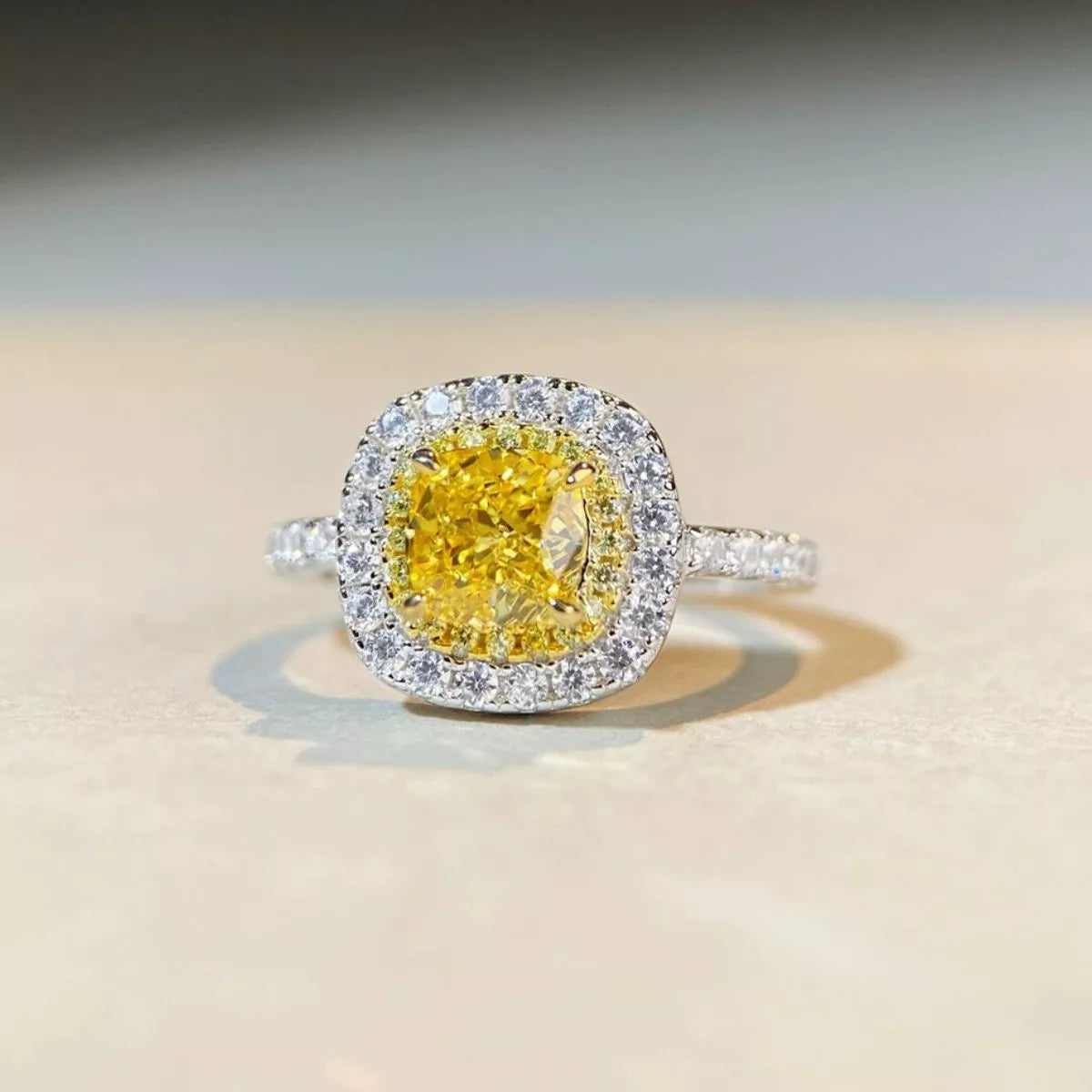 925 Sterling Silver Zircon Cushion Cut Ring in Light Yellow, view 3