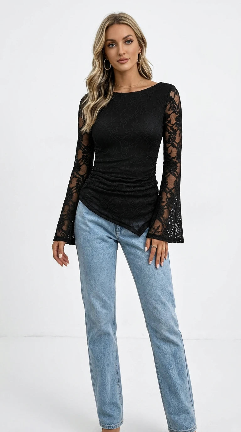 Floral Lace Long Sleeve Blouse with Flared Cuffs in Black
