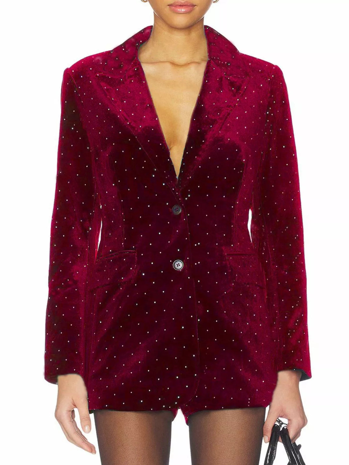 Rhinestone Embellished Single-Breasted Blazer in Wine Red