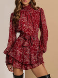Plus Size Floral Print Mock Neck Long Sleeve Ruffle Hem Mini Dress - Lilixa.store