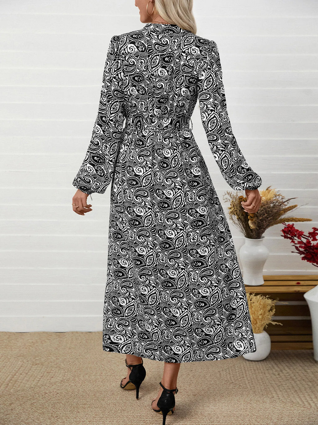 Paisley Print Long Sleeve Midi Dress in Black, view 6