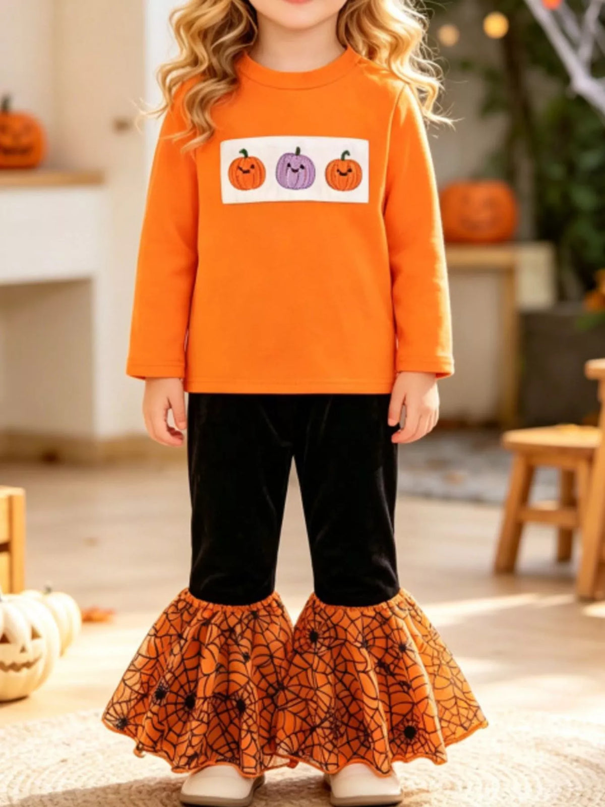 Children's Halloween Pumpkin Long Sleeve Top and Spiderweb Bell Bottom Set - Lilixa.store