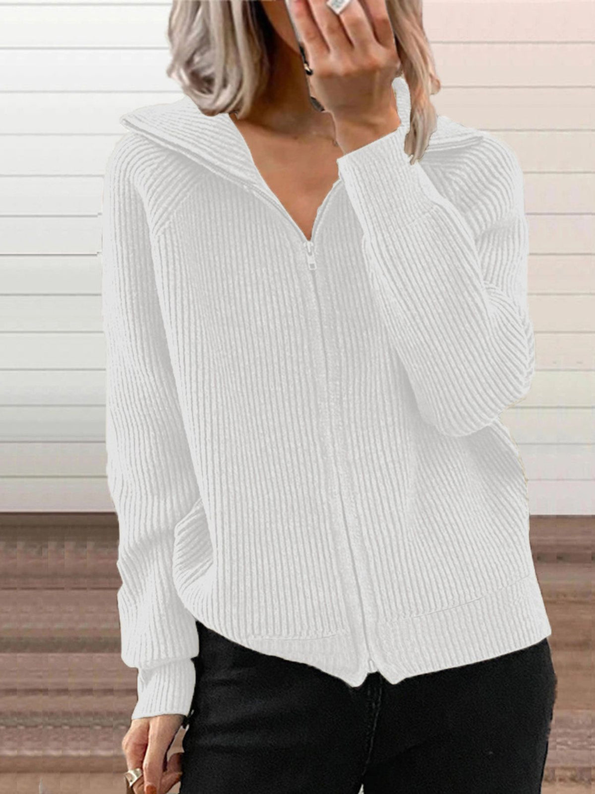 Full Size Ribbed Knit Zip-Up Outerwear Plus Size in Gray/white