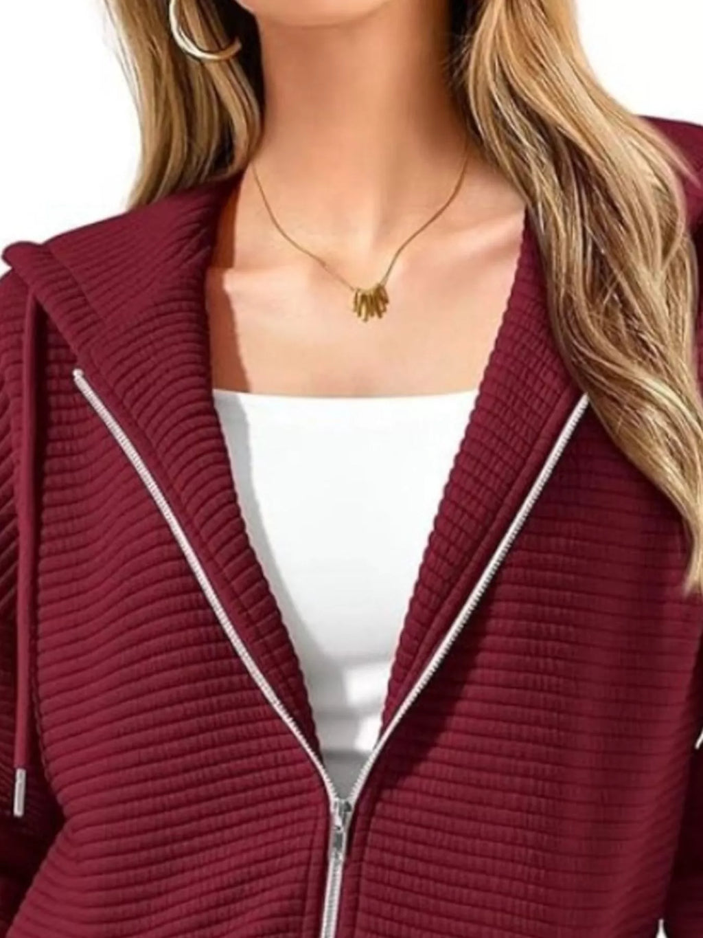 Drawstring Zip Up Dropped Shoulder Hoodie - Lilixa.store