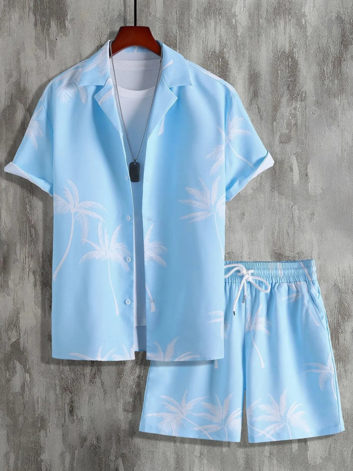 Men's Full Size Palm Print Button Up Shirt and Shorts Set Plus Size in Pastel Blue