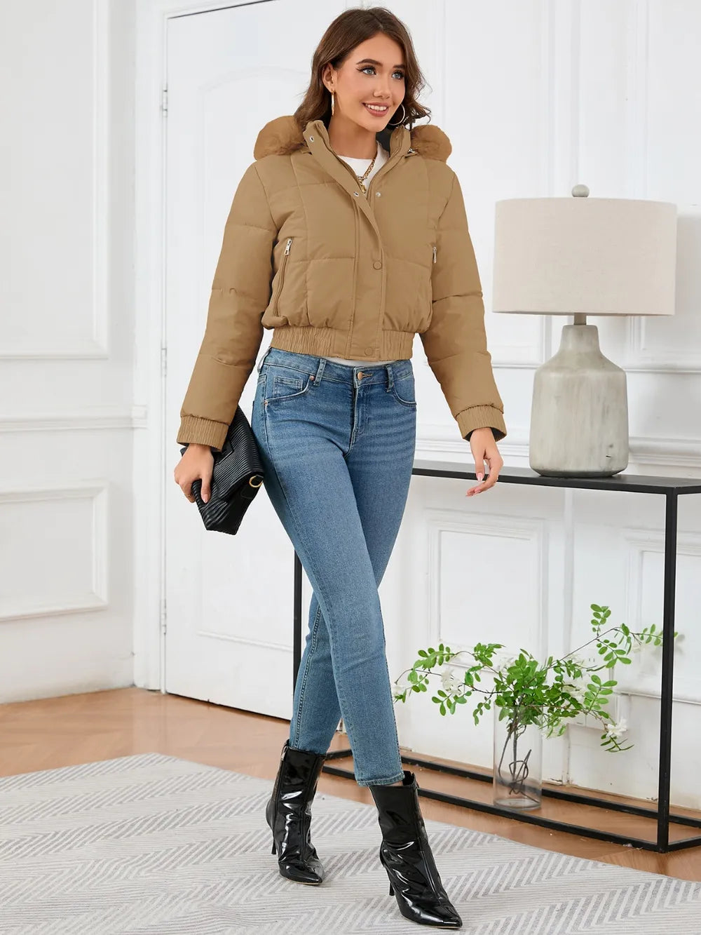 Pocketed Long Sleeve Cropped Hooded Winter Coat - Lilixa.store