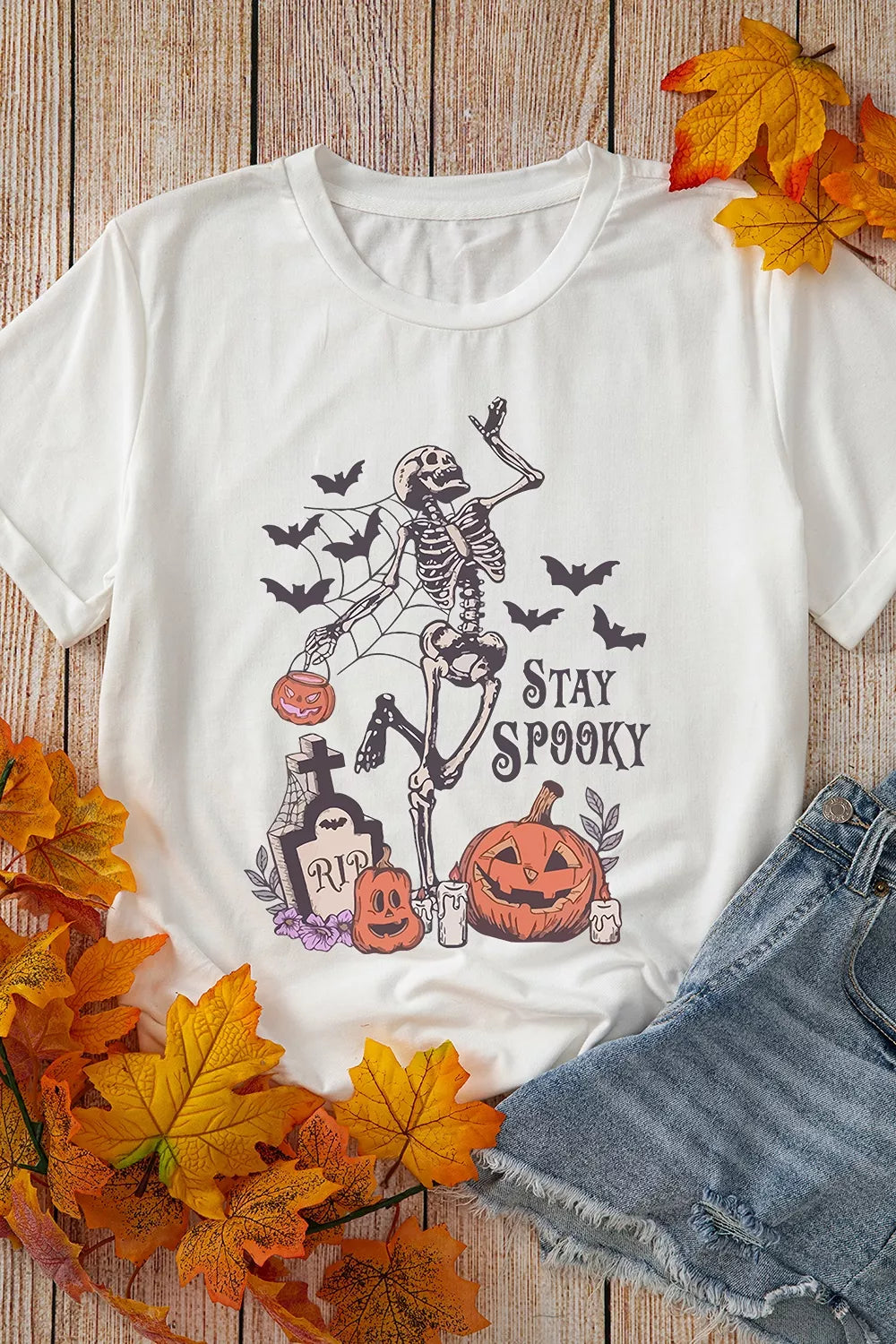 Full Size Skull Pumpkin Face STAY SPOOKY Graphic Halloween T Shirt Plus Size - Lilixa.store