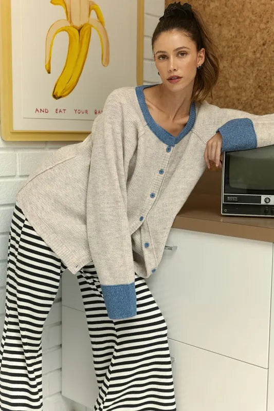 Annie Wear Contrast Trim Button Down Raglan Sleeve Cardigan - Lilixa.store