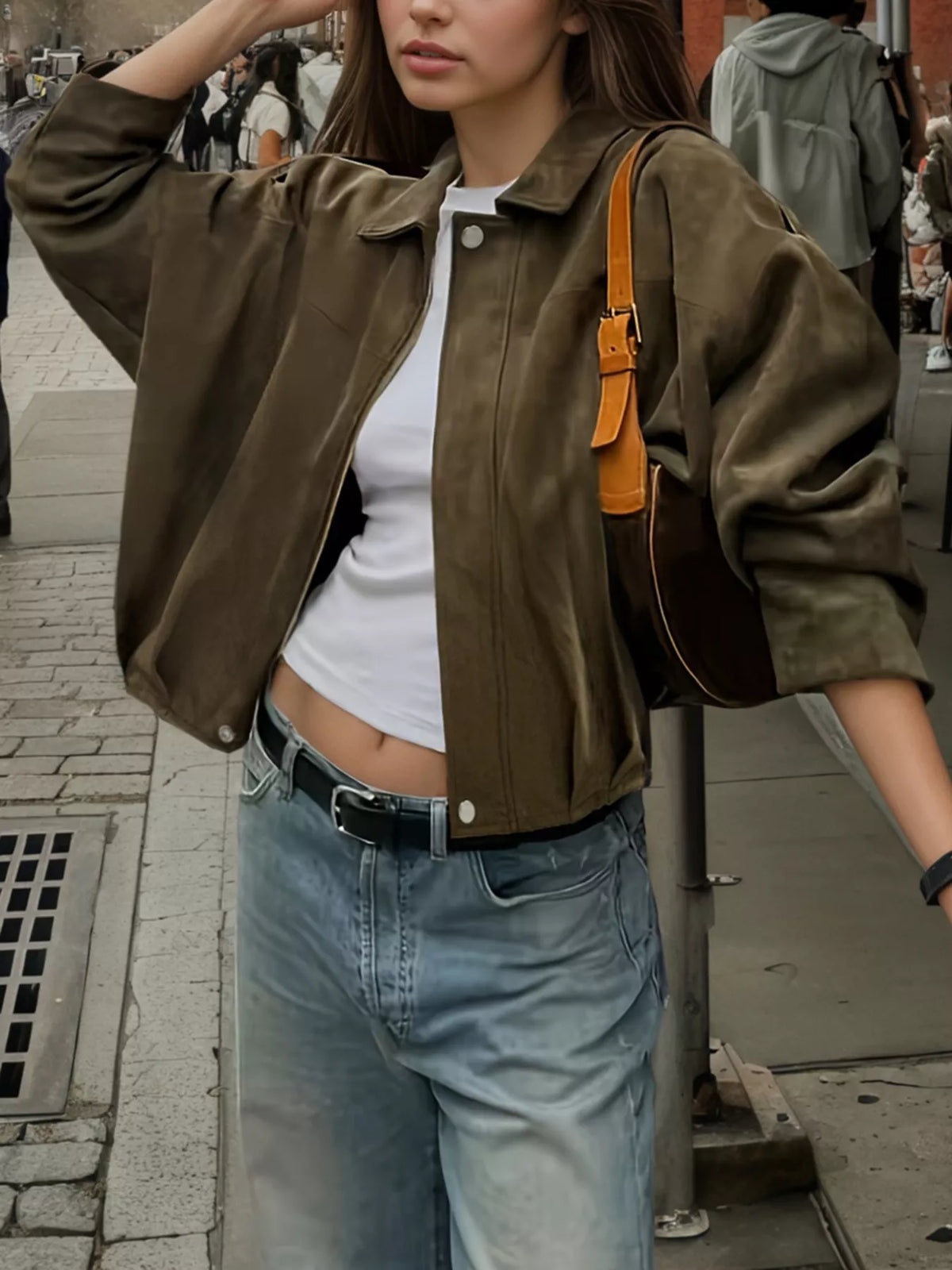 Suede Cropped Bomber Jacket in Army Green
