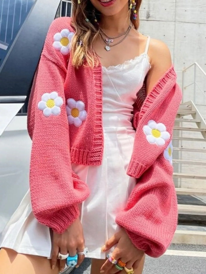 Floral Open Front Knit Cardigan - Lilixa.store