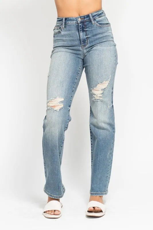 Judy Blue Full Size High Waist Distressed Dad Jean Plus Size - Lilixa.store
