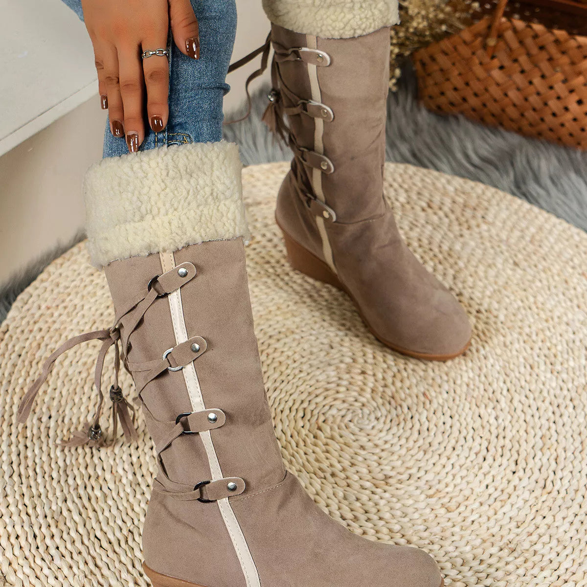 Faux Fur Lined Suede Wedge Boots with Lace-Up Detail, view 2