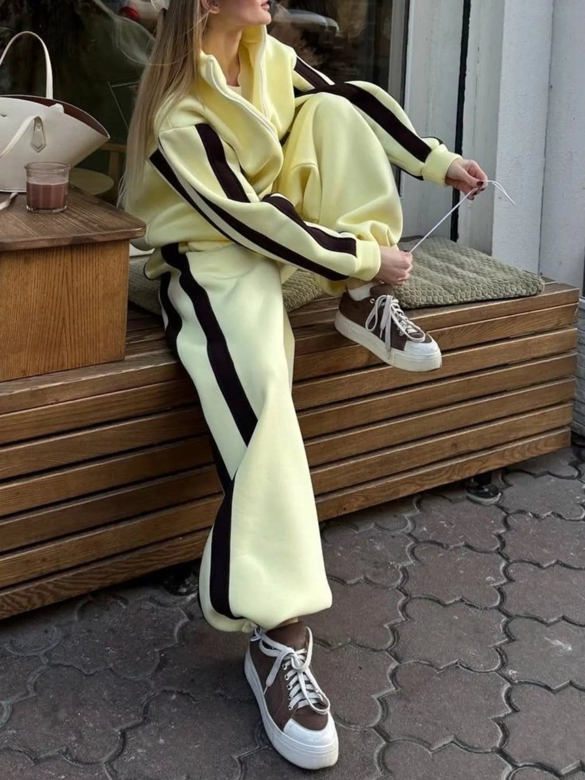 Contrast Striped Zip Up Top and Pants Set - Lilixa.store