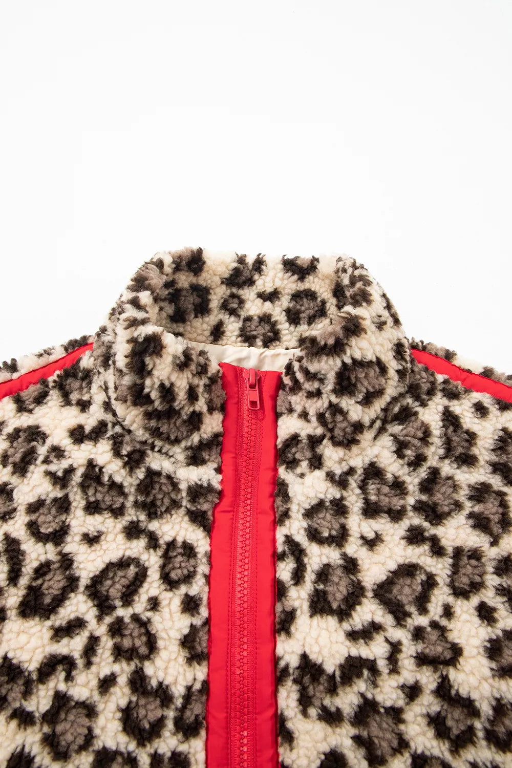 Leopard Print Zip-Up Red Accents Pockets Sweatshirt, view 13