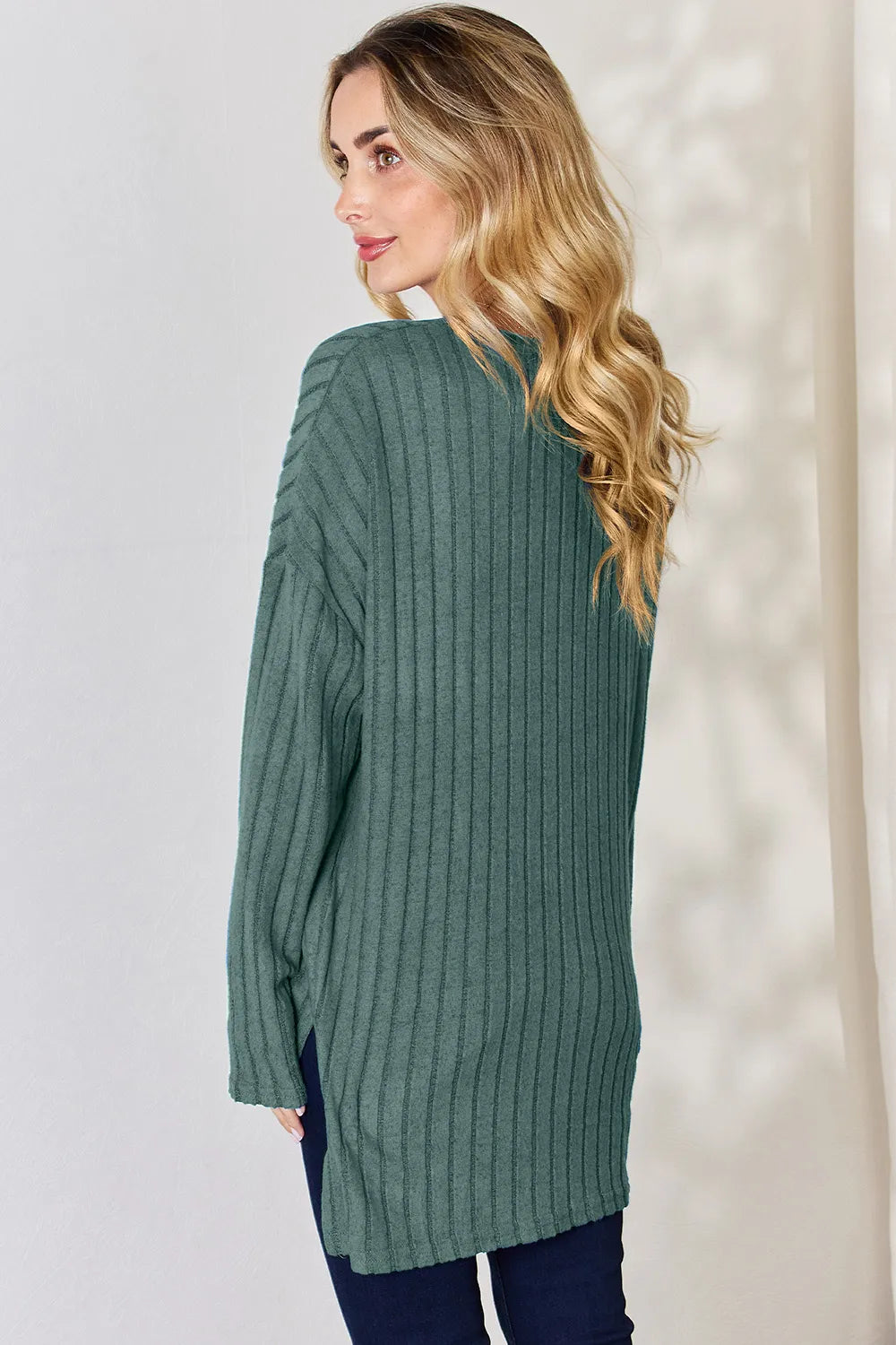 Basic Bae Full Size Ribbed Half Button Long Sleeve High-Low T-Shirt - Lilixa.store