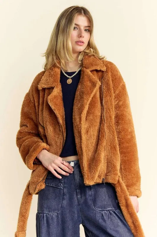 Davi & Dani Fuzzy Zip Up Collared Neck Jacket in Brown