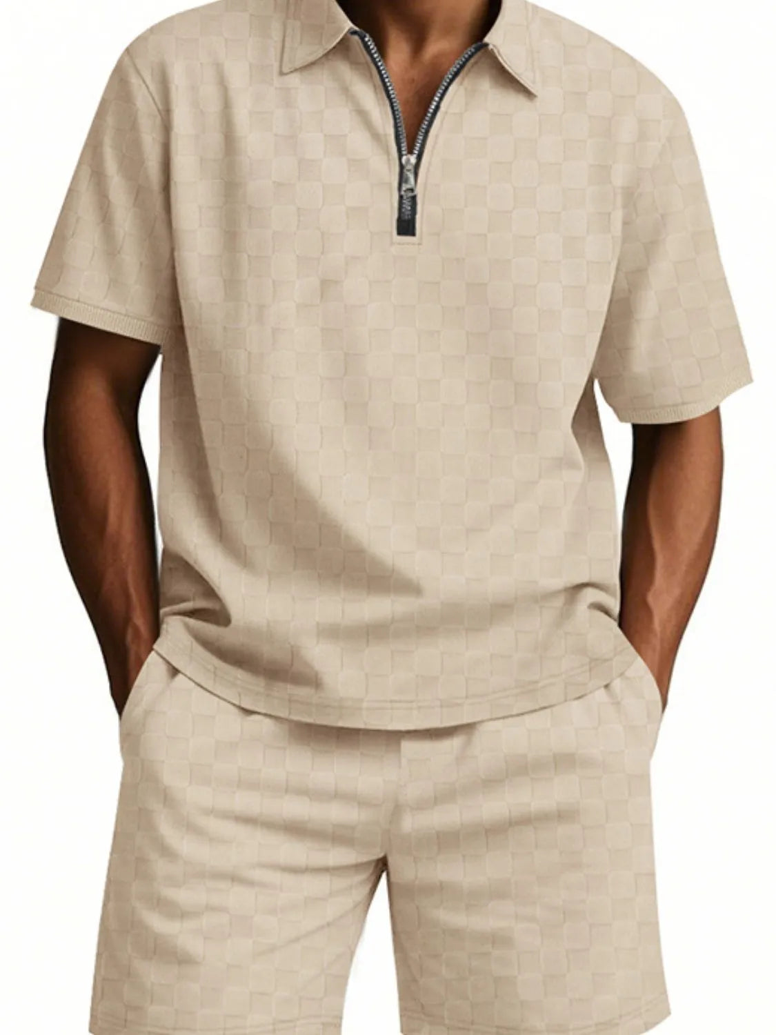 Men's Full Size Quarter Zip Short Sleeve Top and Shorts Set Plus Size in Khaki