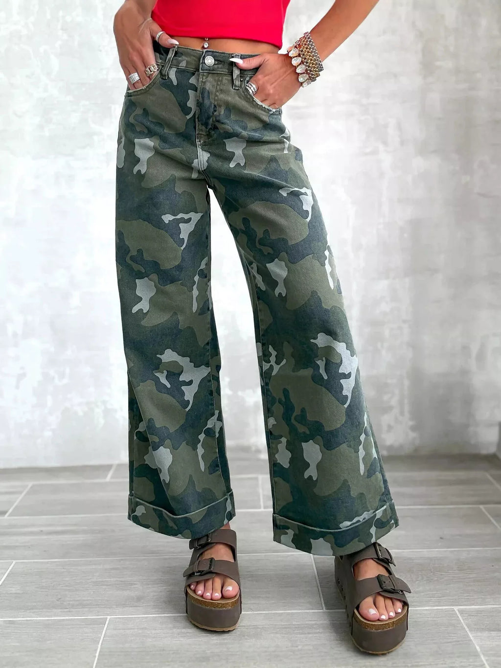 High-Waisted Camouflage Wide-Leg Jeans - Lilixa.store