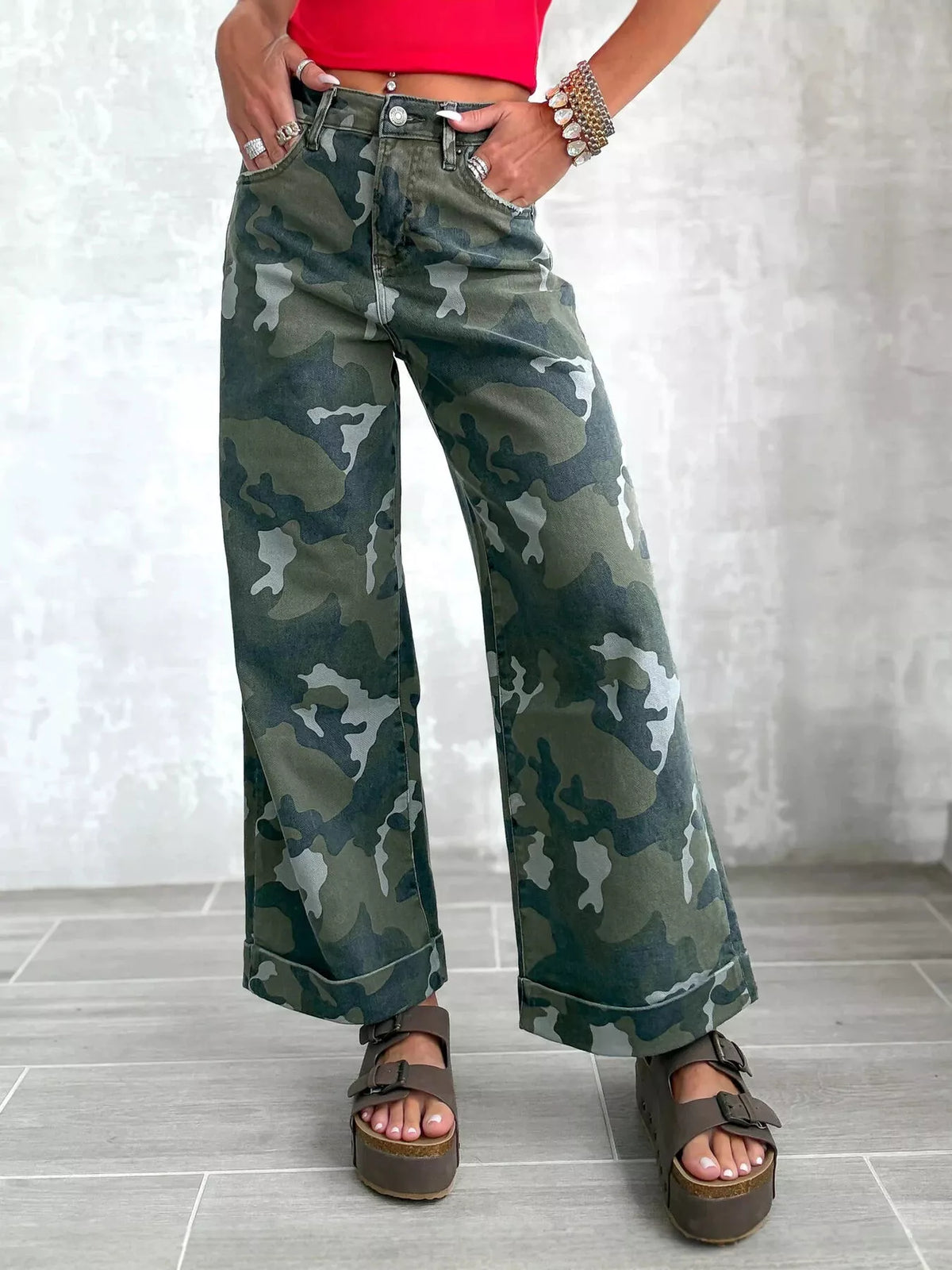 High-Waisted Camouflage Wide-Leg Jeans - Lilixa.store