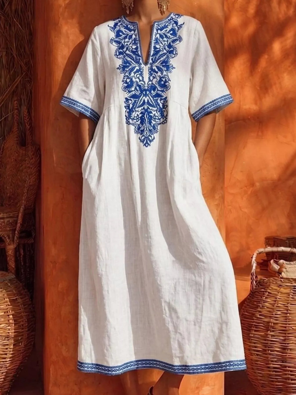Printed Notched Half Sleeve Midi Dress