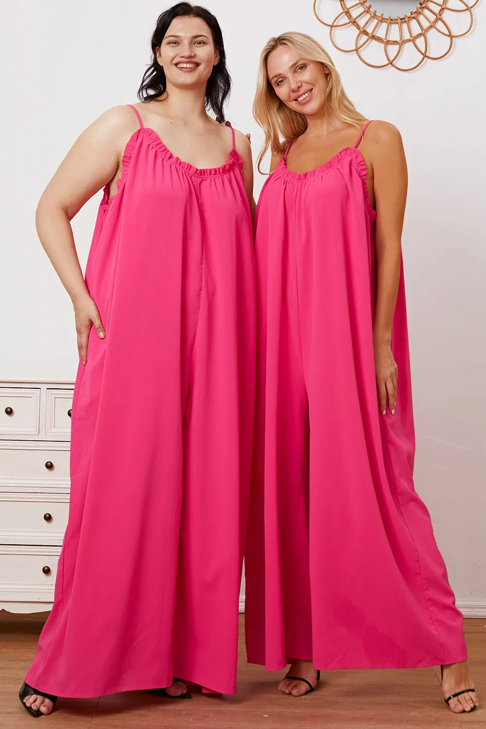 Double Take Full Size Ruffle Trim Tie Back Cami Jumpsuit with Pockets - Lilixa.store