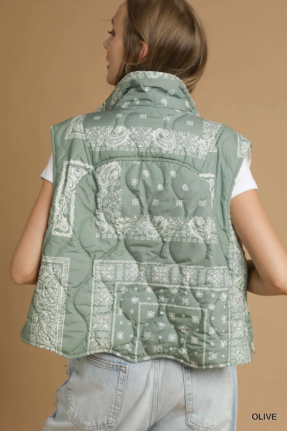 Umgee Bandana Print Quilted Puffer Vest in Olive, view 3