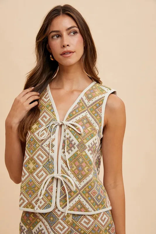 Annie Wear Ethnic Woven Jacquard Tie Front Vest - Lilixa.store