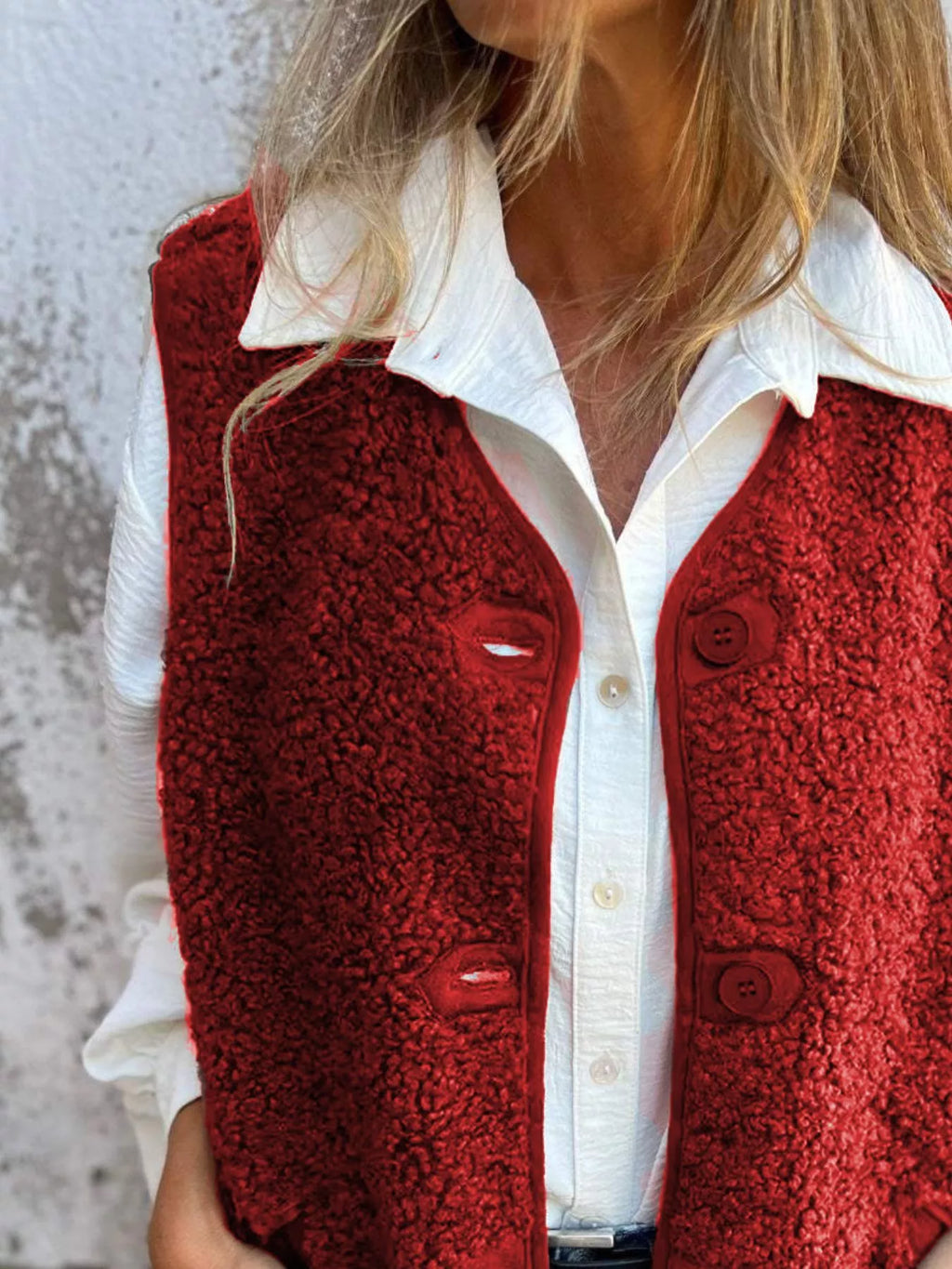 Full Size Cozy Sherpa Fleece Button-Up Vest Coat with Pockets Plus Size - Lilixa.store